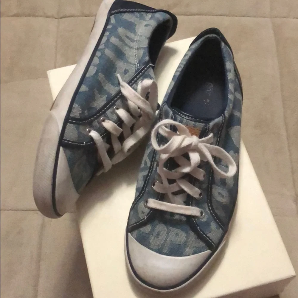 Light Blue Coach “POPPY” Patterned Canvas Sneakers with White Laces